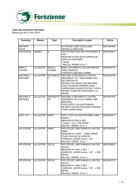 consulter la liste des machines rÃ©novÃ©es - Forezienne