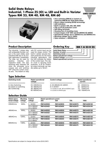 RM Series Solid State Relays Spec Sheet - Durex Industries