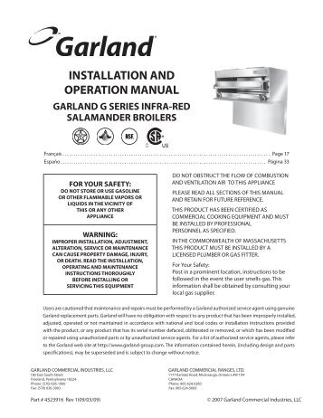 INSTALLATION AND OPERATION MANUAL - Garland