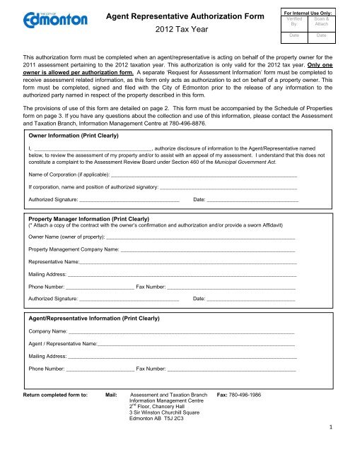 Agent Representative Authorization Form 2012 City Of Edmonton