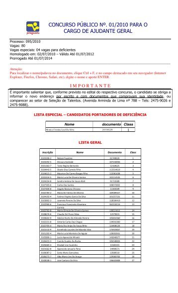 Concurso NÂº. 001/2010 - Ajudante Geral - Proguaru