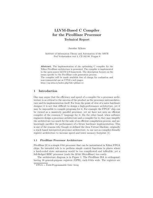 LLVM-Based C Compiler for the PicoBlaze Processor - Institute of ...