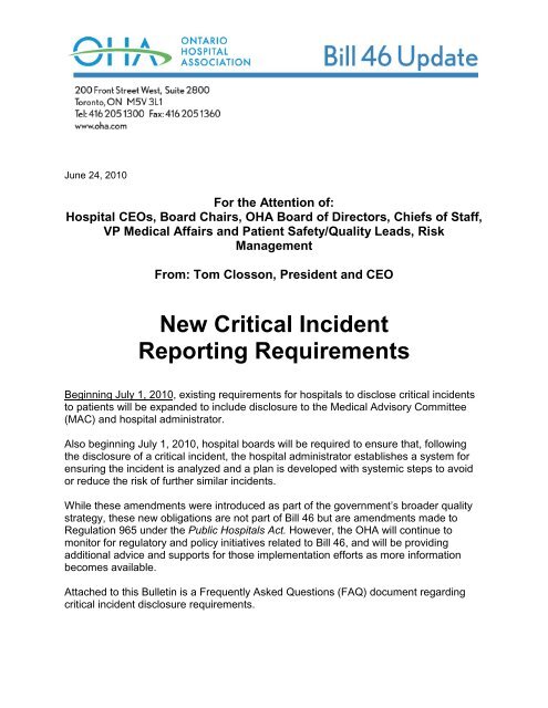 New Critical Incident Reporting Requirements Ontario Hospital 