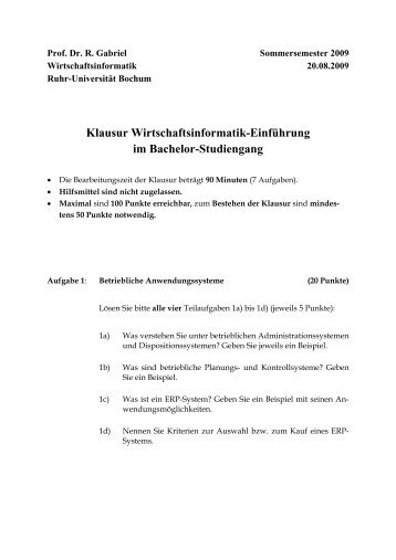 Klausur Wirtschaftsinformatik-EinfÃƒÂ¼hrung im Bachelor-Studiengang