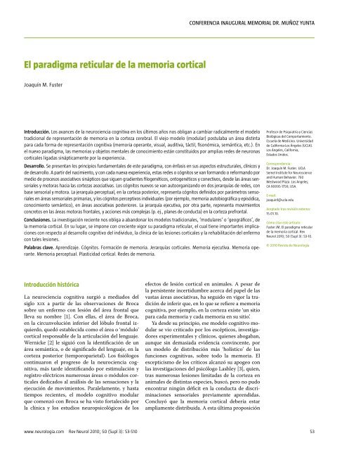 El paradigma reticular de la memoria cortical - Anestesia y medicina ...