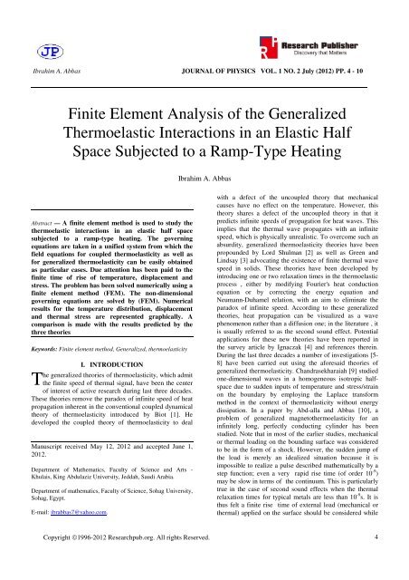 Finite Element Analysis of the Generalized Thermoelastic ...