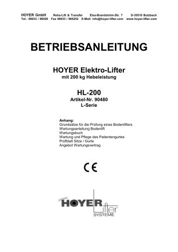 BETRIEBSANLEITUNG - HOYER-Lifter