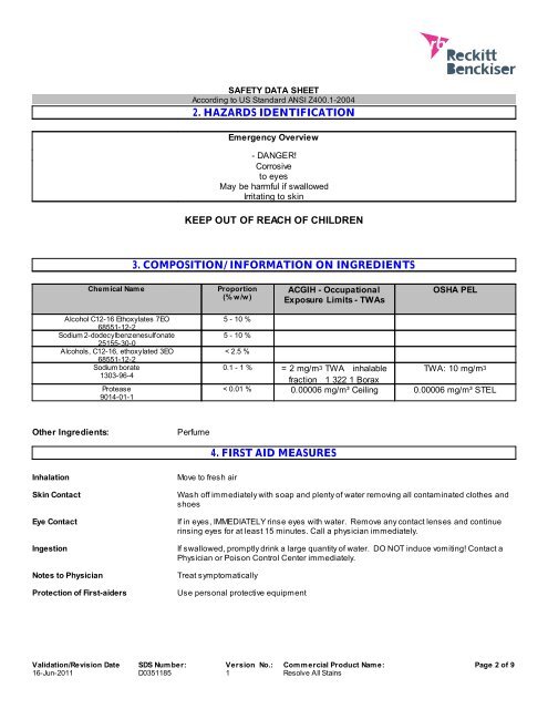 SAFETY DATA SHEET - Reckitt Benckiser