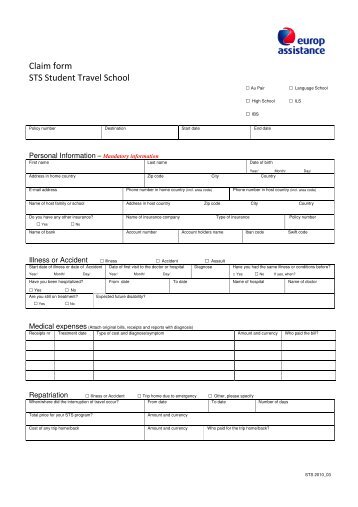 Claim form STS Student Travel School