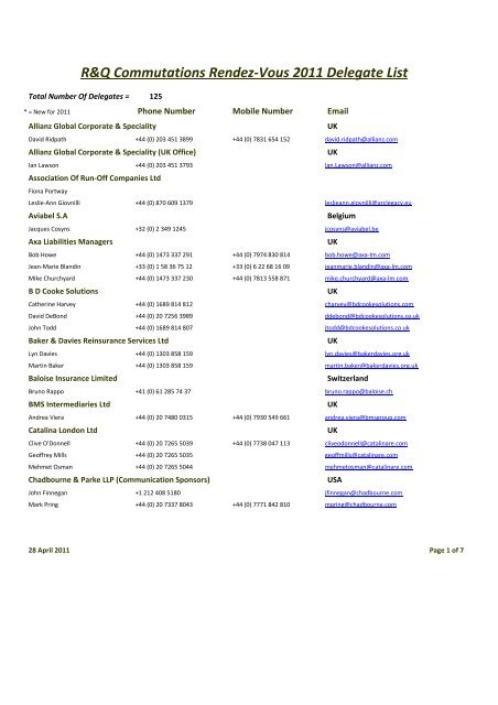 R&Q Commutations Rendez-Vous 2011 Delegate List