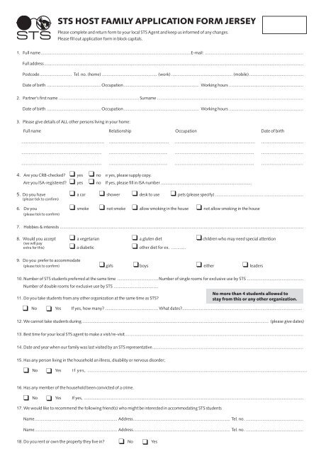 Download the Host family application form For Jersey - STS