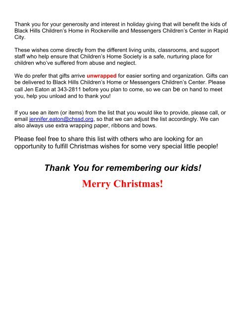 Black Hills Christmas Gift Wish List 2008 - Children's Home Society