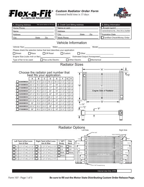 Custom Radiator Order Form - Motor State Distributing