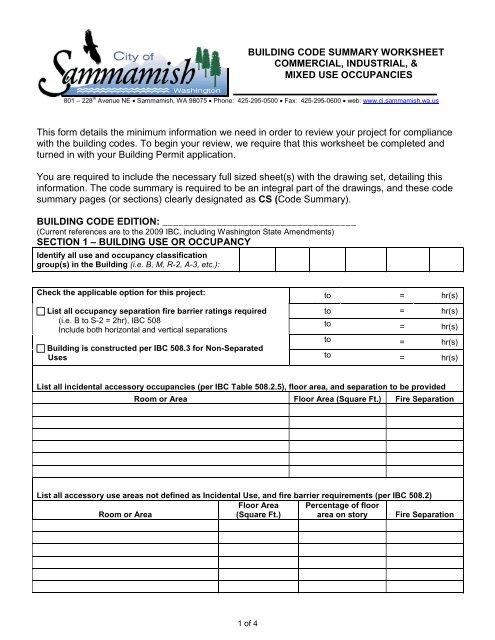 Commercial Building Code Summary Worksheet