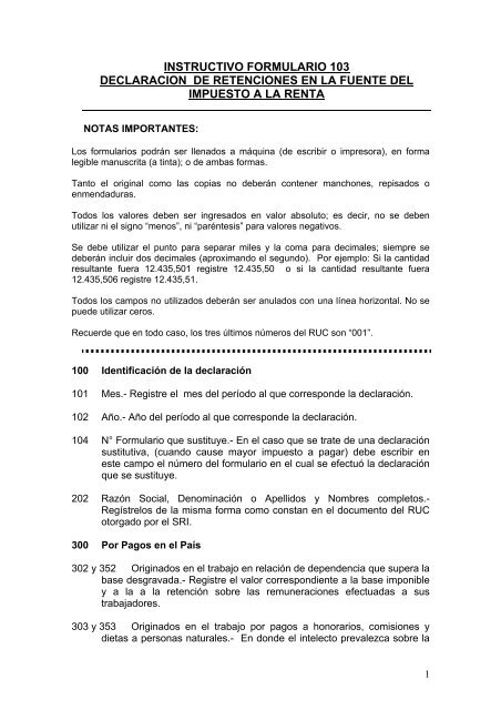 Formulario Jr103 INSTRUCTIVO FORMULARIO 103 - Servicio de Rentas Internas