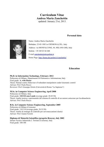 Curriculum Vitae Andrea Maria Zanchettin - Dipartimento di ...