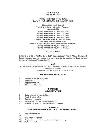 PATENTS ACT NO. 57 OF 1978 [ASSENTED TO 26 APRIL ... - CIPC