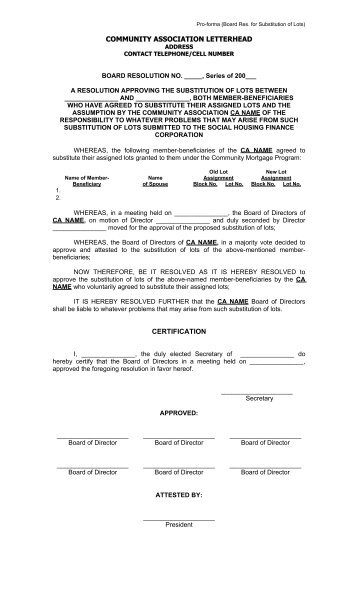 Sample Format for CA Board Resolution of Substitution of Lots