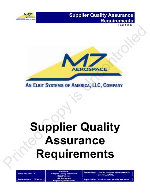 Supplier Quality Assurance Requirements - Elbit Systems of America