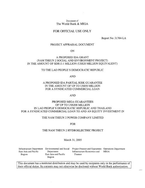 Laos Cambodia Nam Theun 2 Pad Wb 2005 Pdf The Global