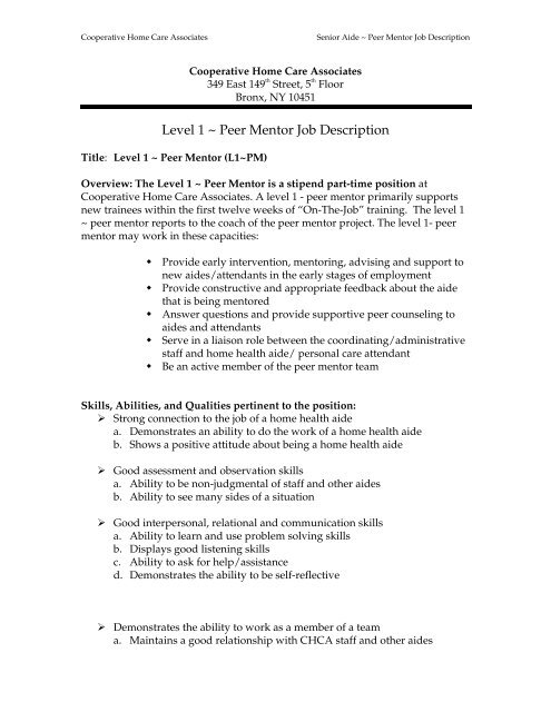 Level 1 ~ Peer Mentor Job Description - PHI