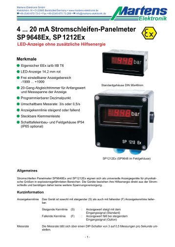 4 ... 20 mA Stromschleifen-Panelmeter SP9648Ex, SP1212Ex