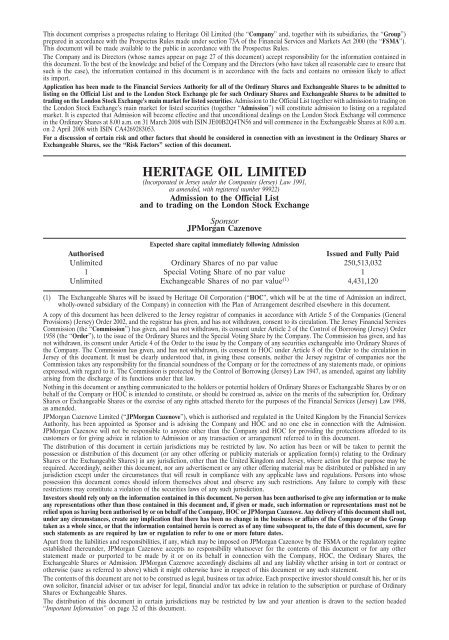 Prospectus re Admission to the Official List - Heritage Oil