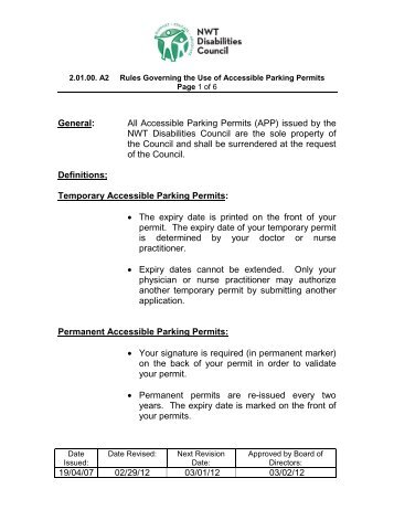 Parking Placard Governing Rules - NWT Disabilities Council