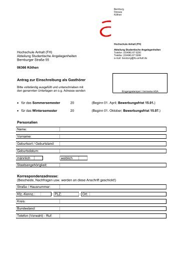 Zulassungsantrag für Gasthörer - Hochschule Anhalt