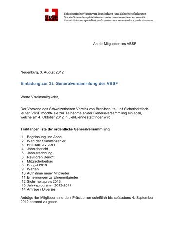 Einladung zur 35. Generalversammlung des VBSF