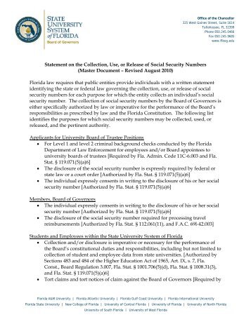 Statement on Collection and Use of SSN - Florida Board of Governors