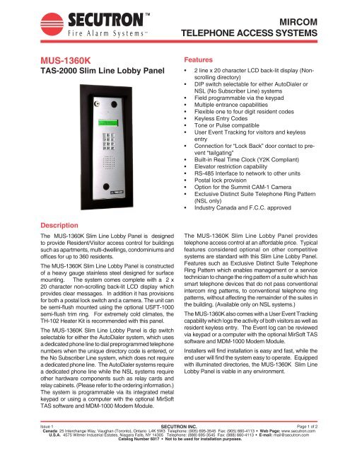 MIRCOM TELEPHONE ACCESS SYSTEMS MUS-1360K - Secutron