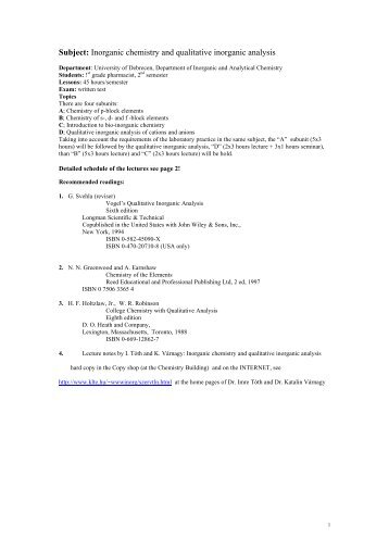Subject: Inorganic chemistry and qualitative inorganic analysis
