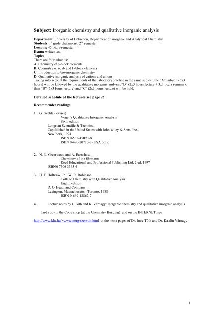 Subject: Inorganic chemistry and qualitative inorganic analysis