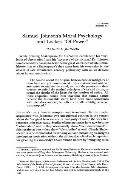 Samuel Johnson's Moral Psychology and Locke's - The Johns ...