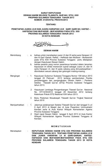 surat keputusan dewan hakim tentang penetapan juara stq xxii prov ...