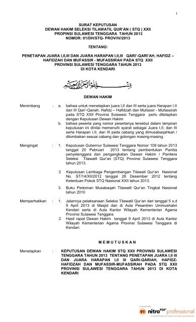 Surat Keputusan Dewan Hakim Tentang Penetapan Juara Stq Xxii