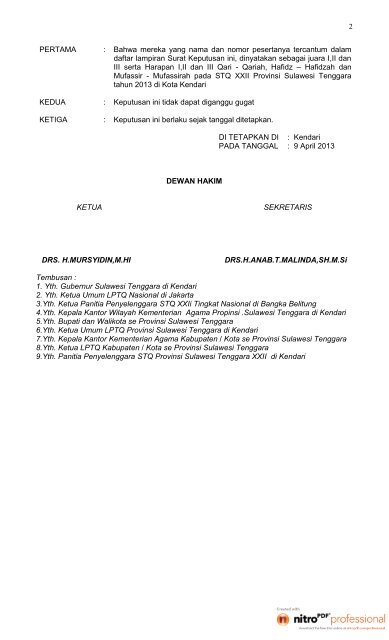 surat keputusan dewan hakim tentang penetapan juara stq xxii prov ...