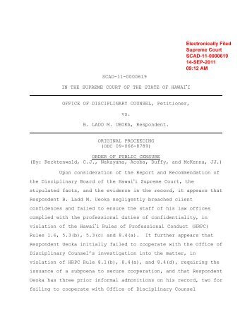 Hawai`i Supreme Court Order of Public Censure of B. Ladd M. Ueoka