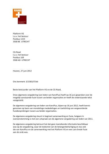 Brief aan bestuur Platform VG en CG-Raad - KansPlus