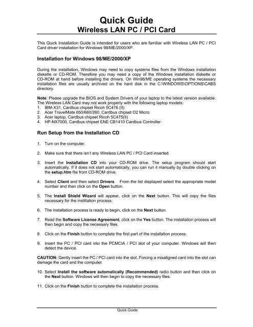 Quick Guide Wireless LAN PC / PCI Card - Mondo Plast