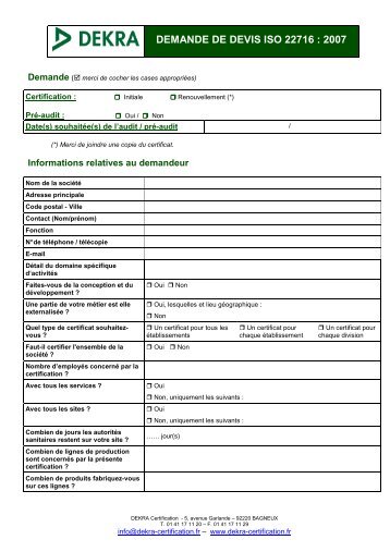 DEMANDE DE DEVIS ISO 22716 : 2007 - DEKRA Certification