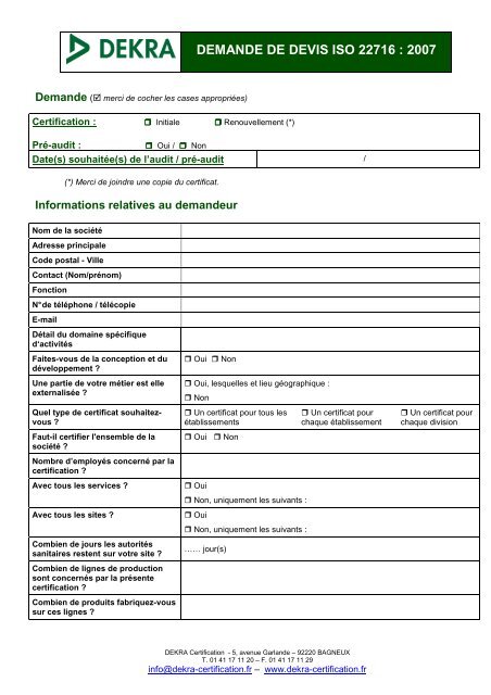 DEMANDE DE DEVIS ISO 22716 : 2007 DEKRA Certification