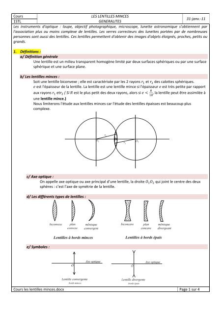 Cours LES LENTILLES MINCES GENERALITES 31-janv.-11 1STL ...