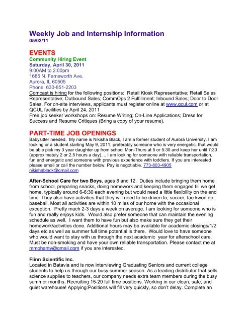 Weekly Job And Internship Information Aurora University