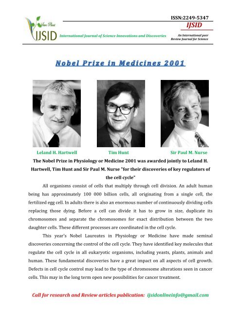 The Nobel Prize in Physiology or Medicine 2001 ... - Ijsidonline.info