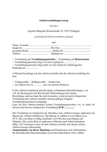 Arbeitsvermittlungsvertrag Agentur Mangold, Kronenstraße 35 ...