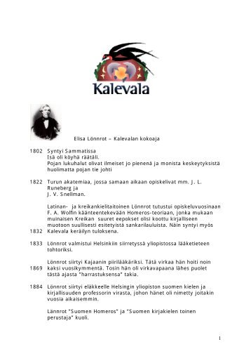 Elisa Lönnrot – Kalevalan kokoaja 1802 1822 1832 1833 1869 ...