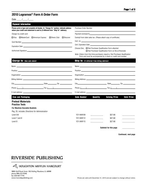 2010 LogramosÂ® Form A Order Form - Riverside Publishing