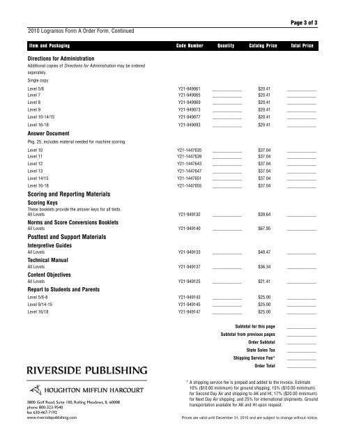 2010 LogramosÂ® Form A Order Form - Riverside Publishing